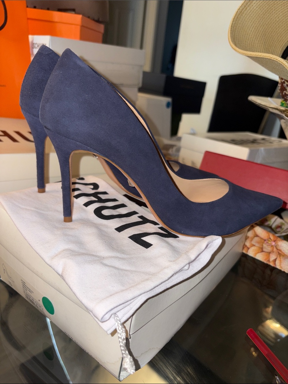 SCHUTZ Navy Suede Pointed-Toe Stiletto Pumps #98